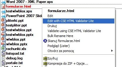 CSE HTML Validator Lite - menu podręczne myszy.